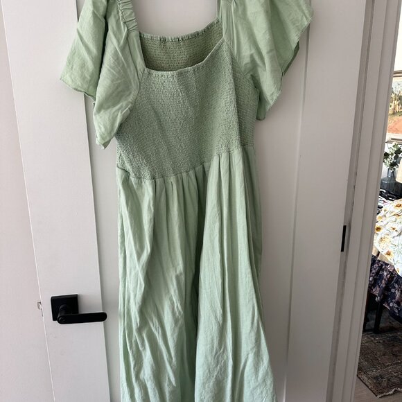 Madewell | Linen-Blend Lucie Smocked Midi Dress | Sage Green | 3XL - Picture 3 of 8